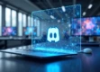 A sleek modern workspace with floating holographic screens and a glowing Discord logo hub in a minimalist office.