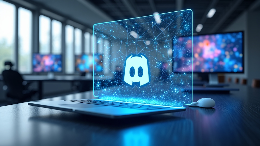 A sleek modern workspace with floating holographic screens and a glowing Discord logo hub in a minimalist office.