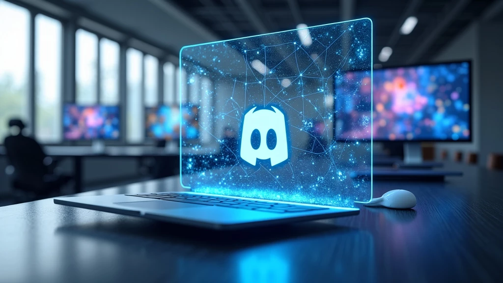 A sleek modern workspace with floating holographic screens and a glowing Discord logo hub in a minimalist office.