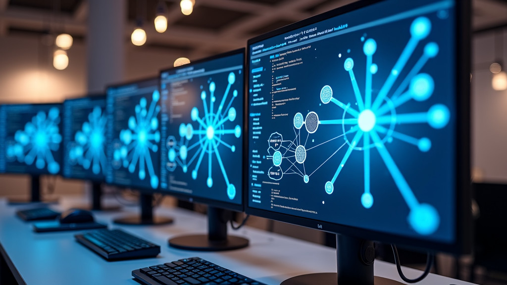 A modern workspace with multiple computer monitors displaying abstract network connections and API endpoints in a professional office environment.