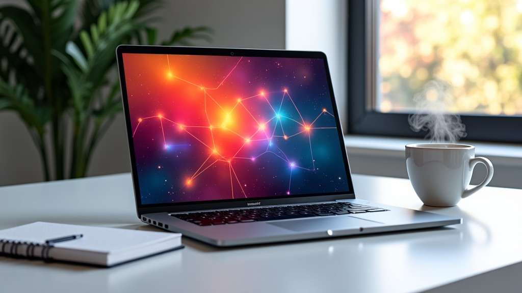 A high-quality, photorealistic image of a modern workspace featuring a sleek laptop with colorful geometric patterns, soft natural lighting, and a cup of coffee.