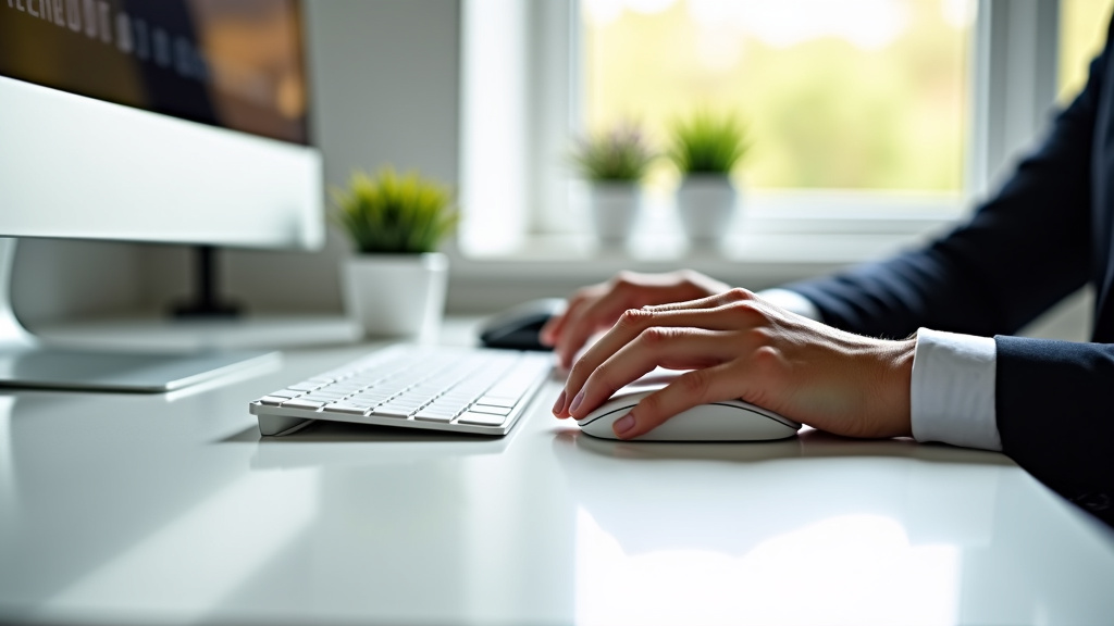 A sleek, modern workspace with a white desk and laptop, featuring a hand using a wireless mouse in soft natural light.