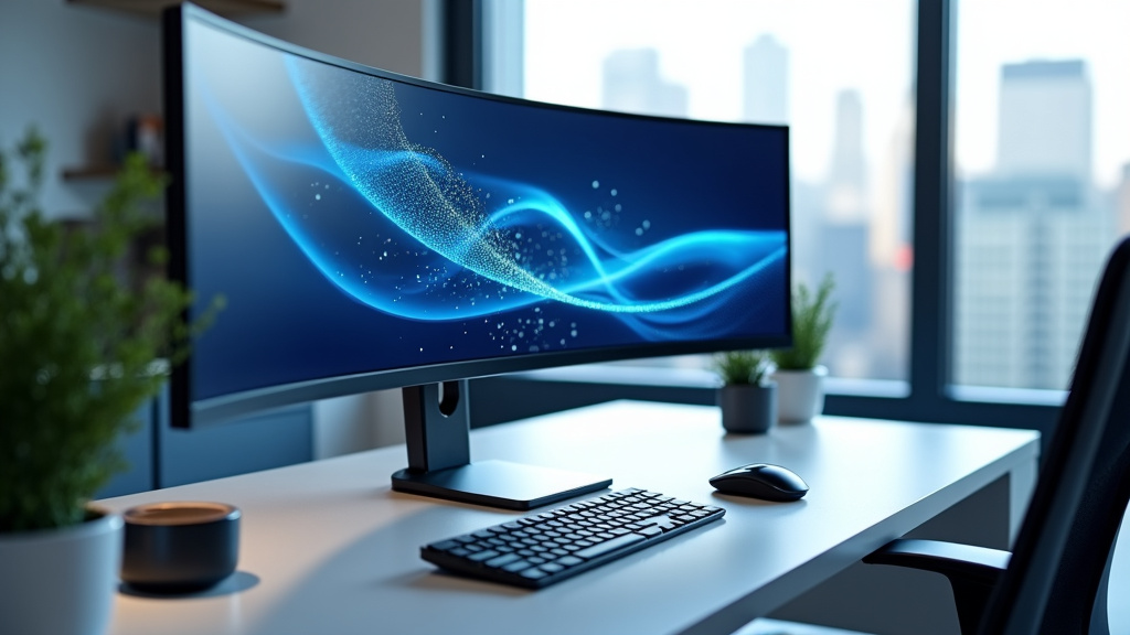 A modern clean workspace with a curved monitor displaying flowing data visualizations and a sleek keyboard in soft lighting.