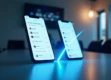 A sleek, modern workspace setup featuring illuminated smartphone or tablet screens with project management and messaging interfaces in a minimalist office environment.
