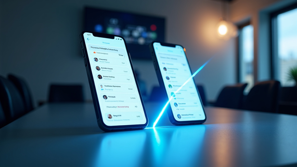 A sleek, modern workspace setup featuring illuminated smartphone or tablet screens with project management and messaging interfaces in a minimalist office environment.