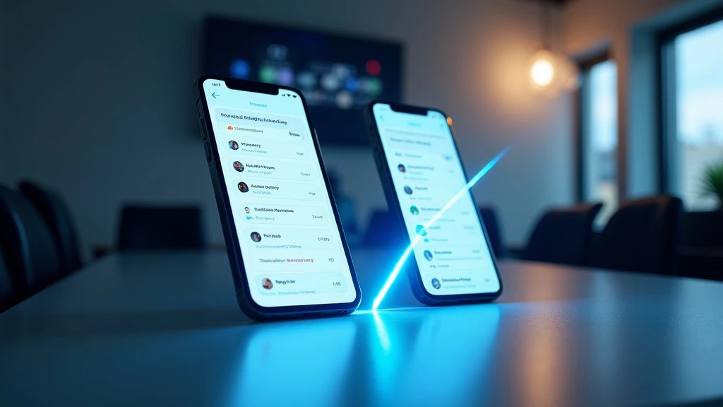 A sleek, modern workspace setup featuring illuminated smartphone or tablet screens with project management and messaging interfaces in a minimalist office environment.