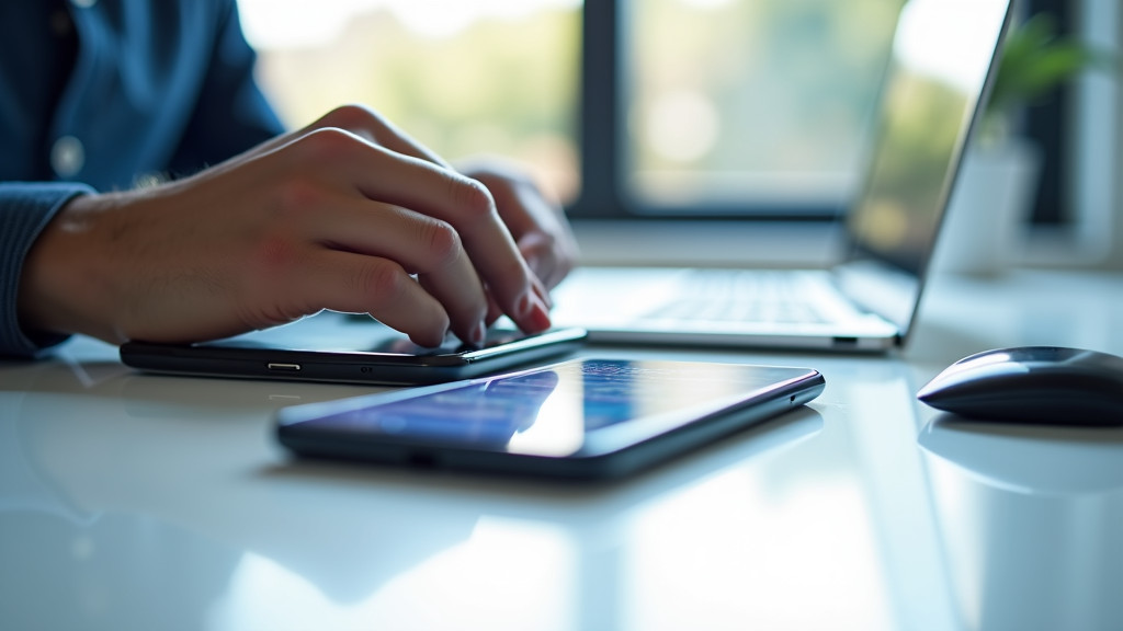 A professional photo of a modern workspace with two smartphones side by side on a clean white desk.