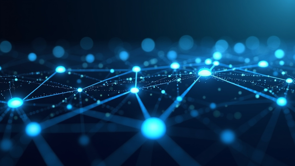 A sophisticated 3D visualization of interconnected geometric nodes glowing with blue and white light, representing a neural network.