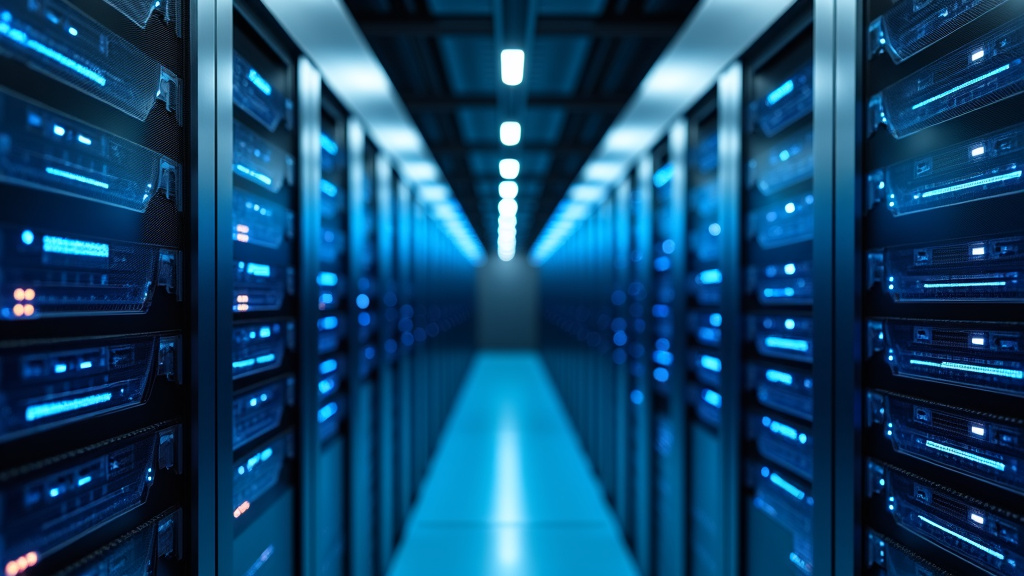 Close-up of a sleek server room with blue-lit servers and glowing network connections