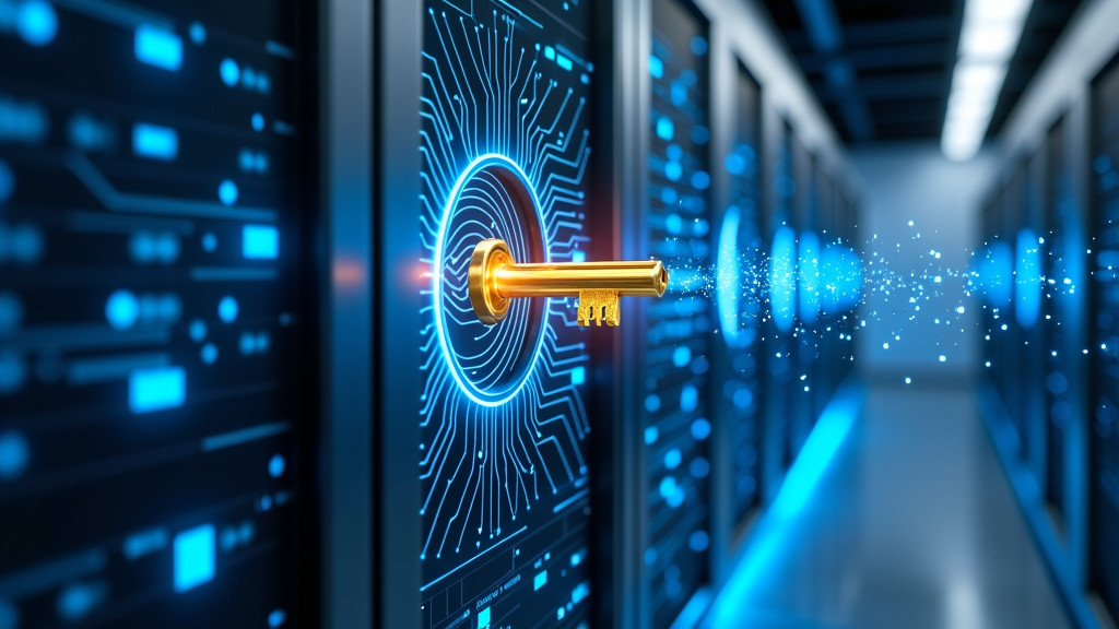 A photorealistic representation of a digital vault in a modern server room with glowing blue circuit patterns and a golden key transforming into digital code particles.