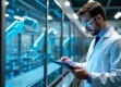 A technician in a white lab coat monitoring robotic arms in a high-tech industrial setting.