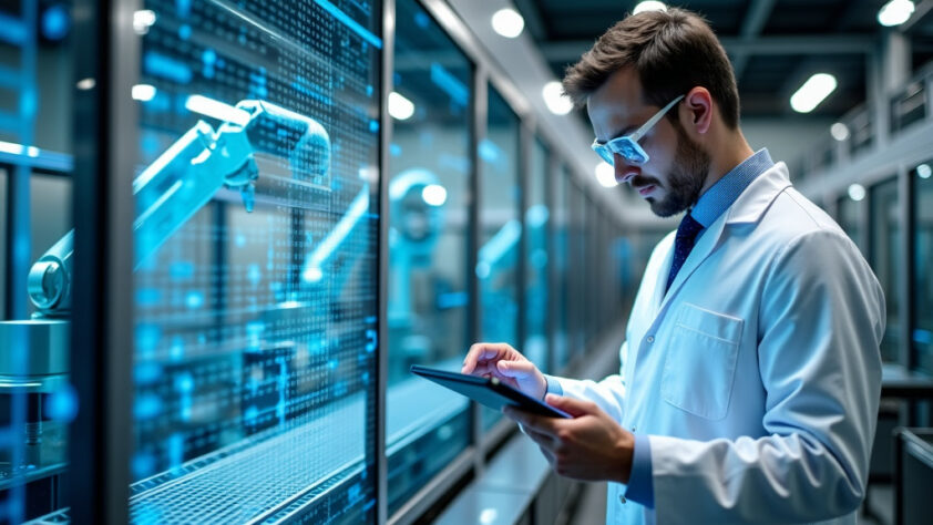 A technician in a white lab coat monitoring robotic arms in a high-tech industrial setting.