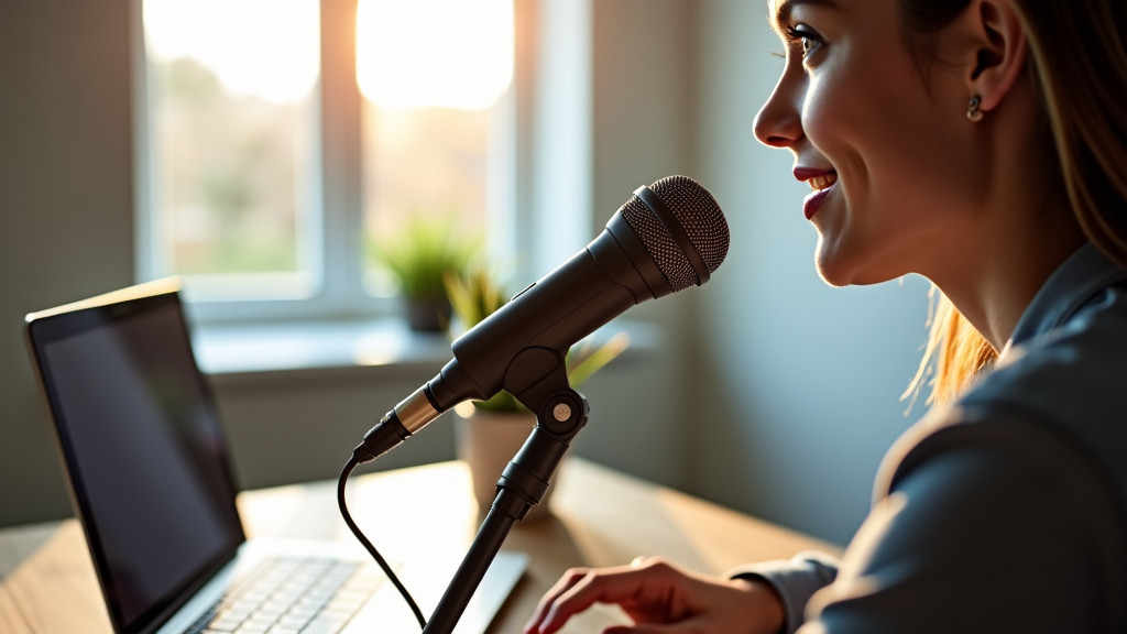 A professional close-up shot of a person speaking into a high-quality condenser microphone in a modern home office setting.