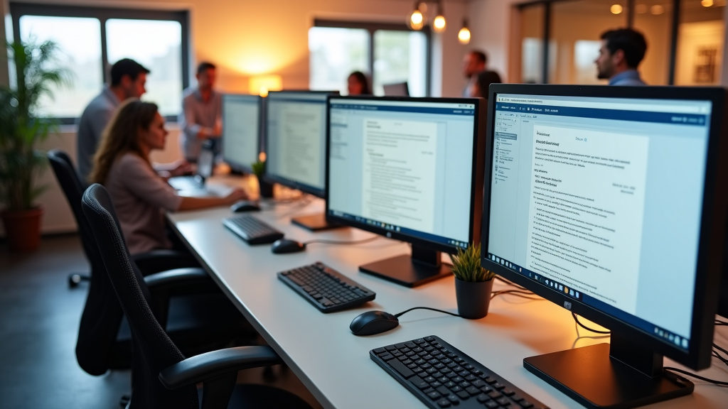 A high-angle view of a modern office with computer screens showing identical document layouts and collaborative office workers.