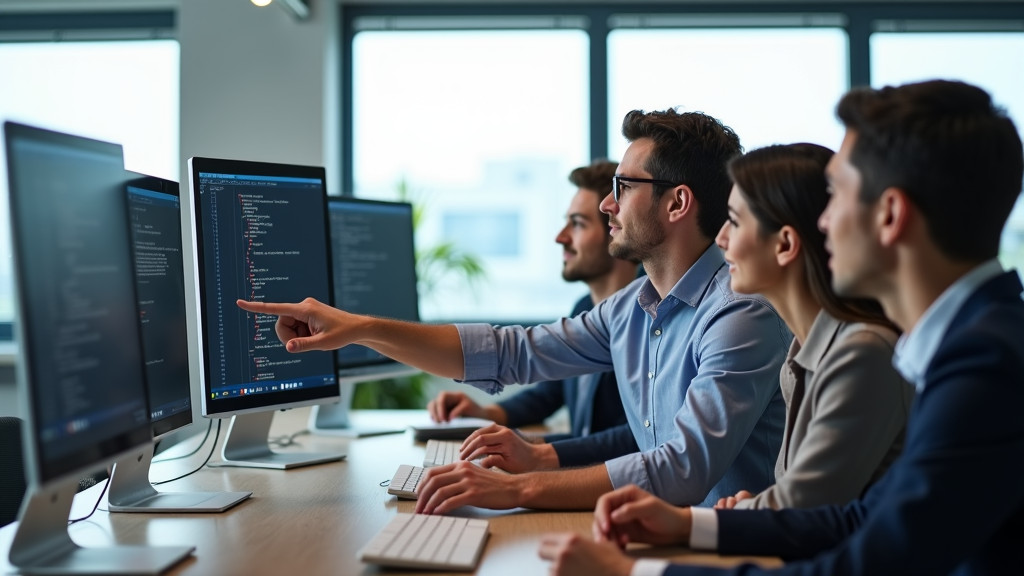 A professional software engineer discussing code with team members in a modern office.