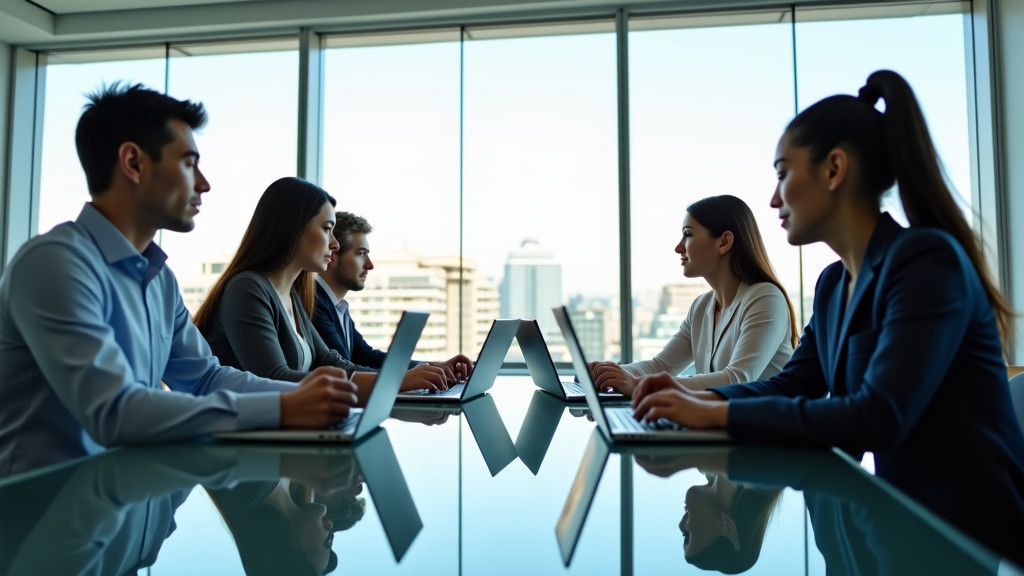 A diverse team of professionals collaborating in a modern workspace with laptops and tablets around a glass conference table.