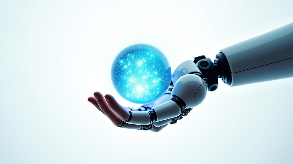 A robotic arm and a human hand reaching towards a glowing blue holographic sphere against a clean white background.