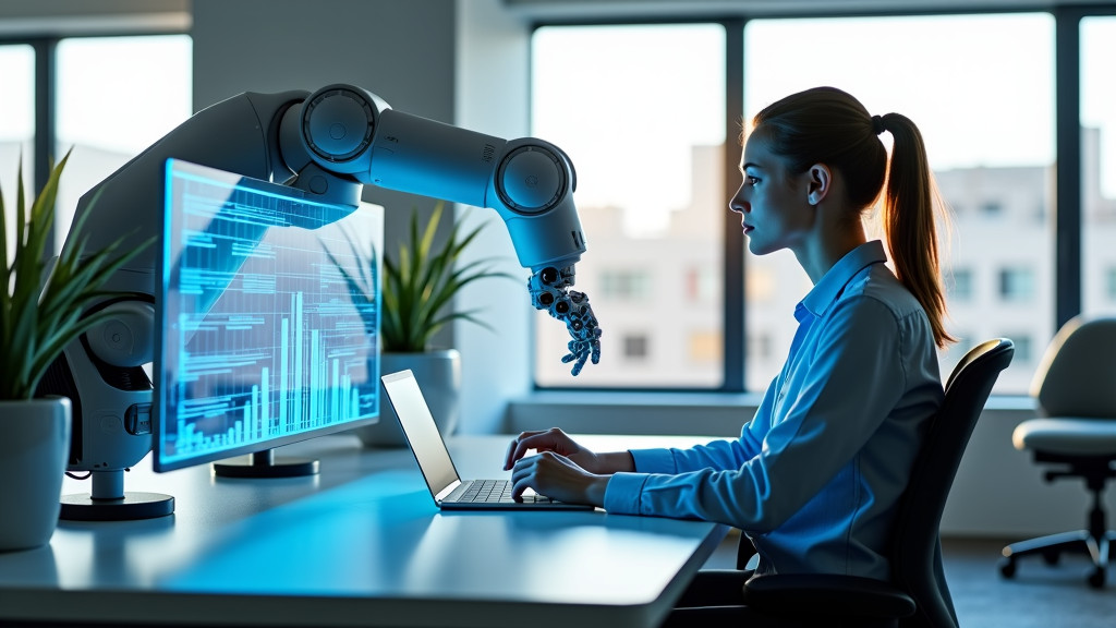 A robotic arm collaborating with a human in a modern office setting.