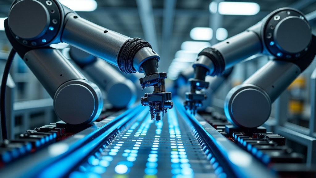 Close-up of robotic arms working in an automated assembly line.