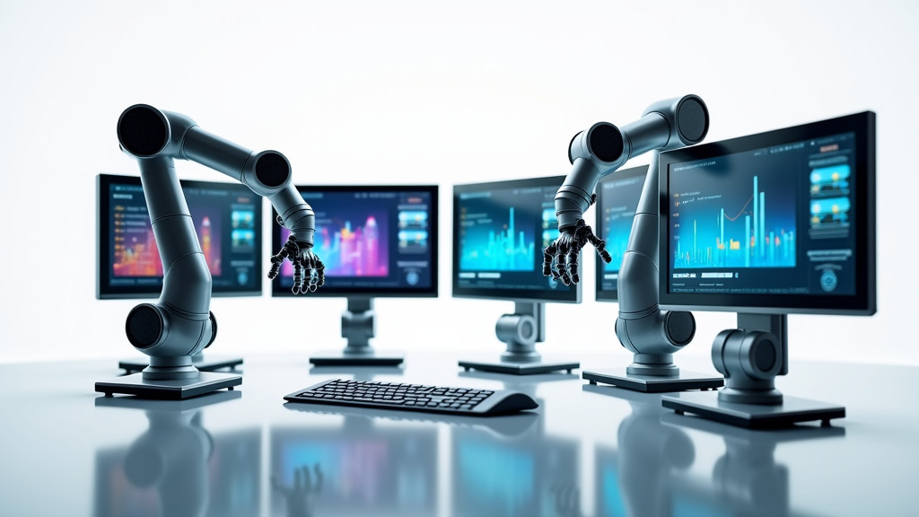 Professional studio shot of robotic arms working on computer screens with colorful interfaces against a white background.