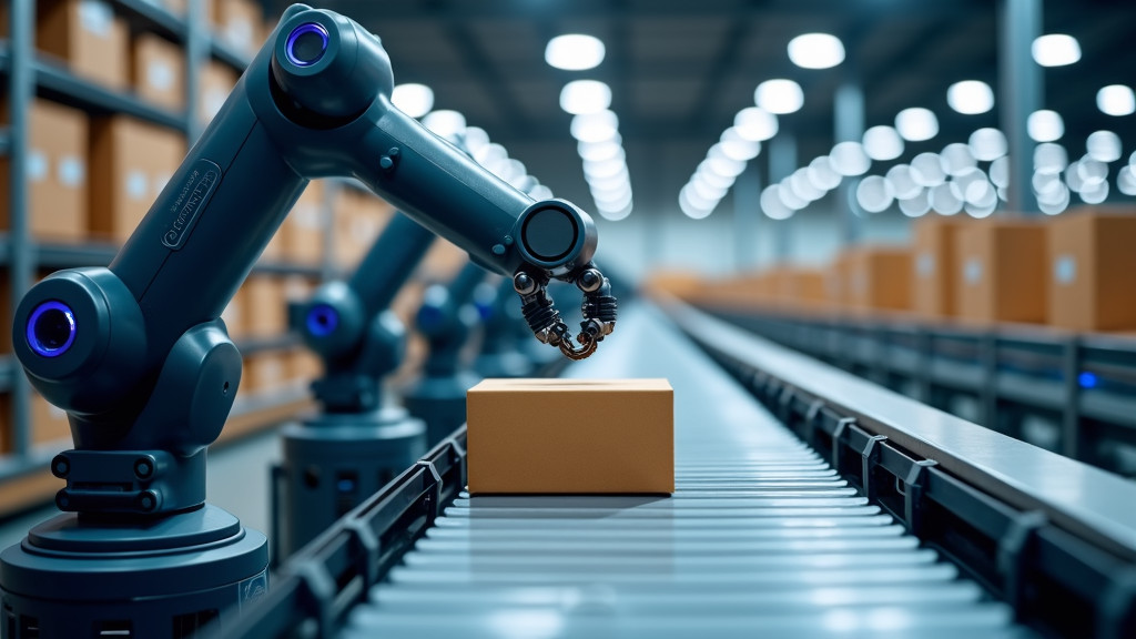 A modern robotic arm with sensors picking up a package from a conveyor belt in a high-tech warehouse.