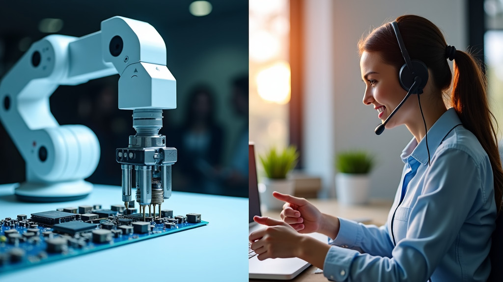 A split-screen image showing a robotic arm assembling electronic components and a customer service representative engaged in conversation.