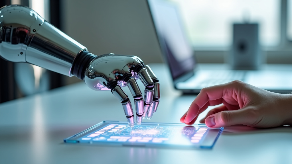 A robotic arm and a human hand reaching for a digital interface on a white desk.