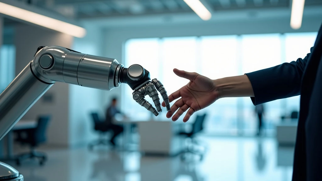 A sleek, modern robotic arm and human hand reaching towards each other in a bright office setting.
