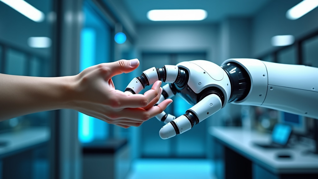 A sleek modern robotic arm and a human hand reaching towards each other in a lab.