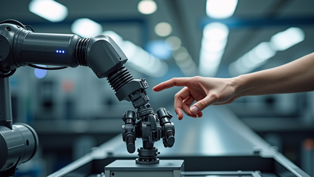 A sleek robotic arm and human hand reaching towards a mechanical component in an industrial setting.