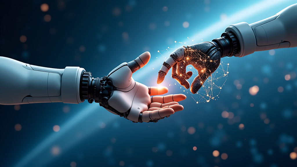 A robotic arm and a human hand reaching towards a glowing digital neural network in space.