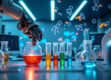 A photorealistic laboratory scene featuring a robotic arm handling colorful test tubes with holographic structures in the background.