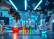 A photorealistic laboratory scene featuring a robotic arm handling colorful test tubes with holographic structures in the background.