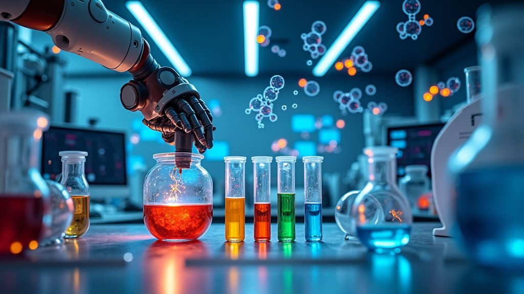 A photorealistic laboratory scene featuring a robotic arm handling colorful test tubes with holographic structures in the background.