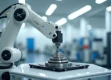 A sleek, modern robotic arm in a pristine white manufacturing facility manipulating an industrial component.