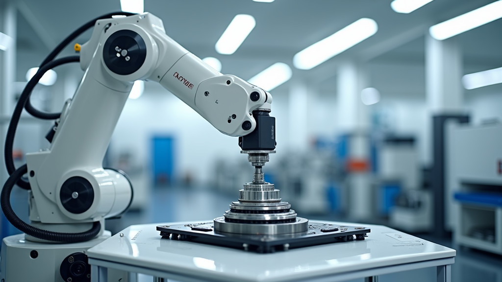 A sleek, modern robotic arm in a pristine white manufacturing facility manipulating an industrial component.