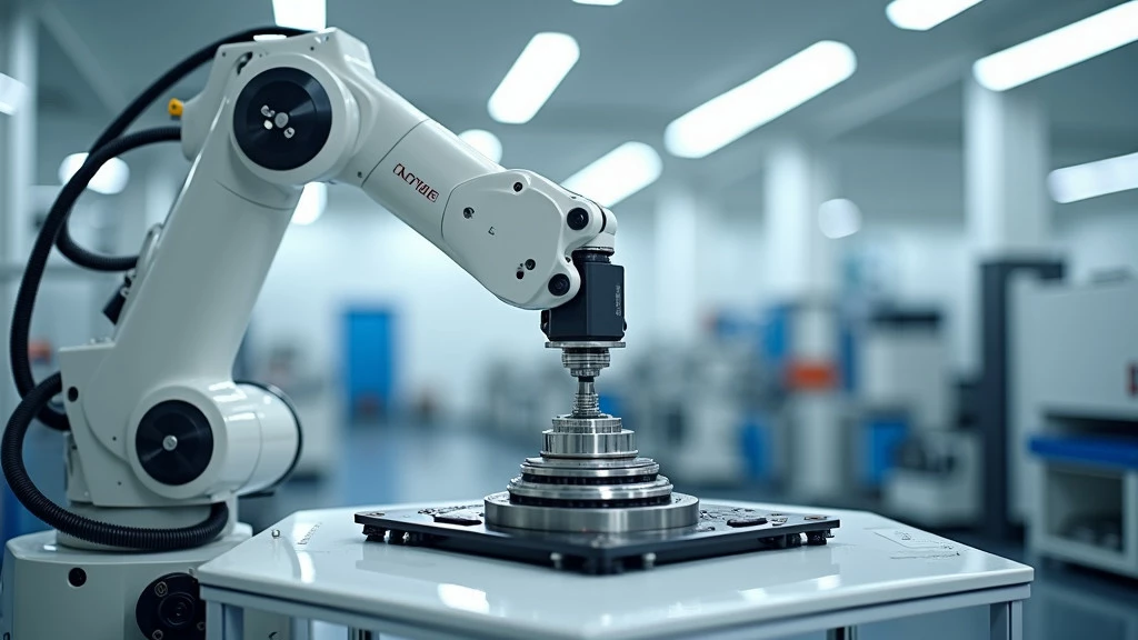 A sleek, modern robotic arm in a pristine white manufacturing facility manipulating an industrial component.