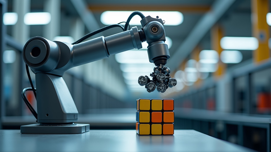 A sleek, modern industrial robotic arm attempting to solve a Rubik's cube in a minimalist manufacturing setting.