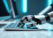 A sleek robotic arm typing on a modern keyboard on a white desk.