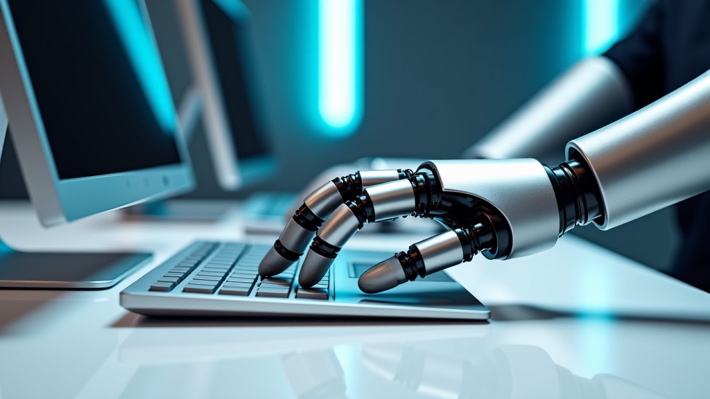 A sleek robotic arm typing on a modern keyboard on a white desk.