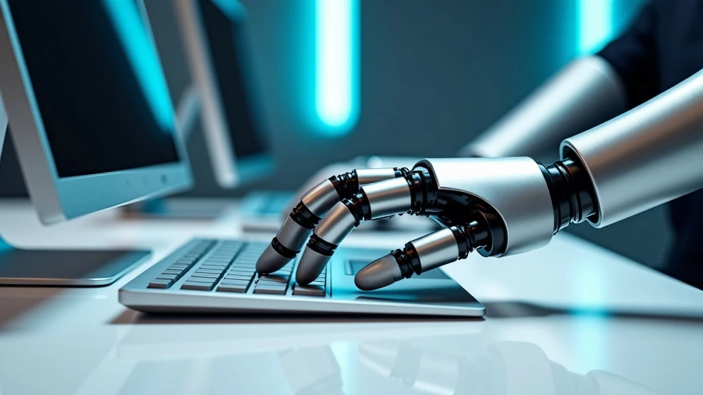 A sleek robotic arm typing on a modern keyboard on a white desk.