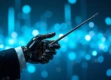 A close-up view of a robotic conductor's hand holding a metallic baton against a soft-focused background of digital patterns.