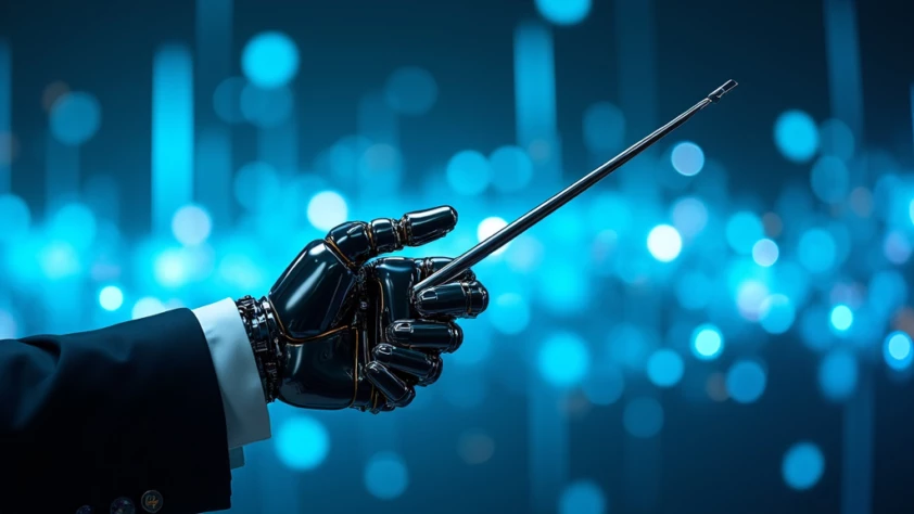 A close-up view of a robotic conductor's hand holding a metallic baton against a soft-focused background of digital patterns.