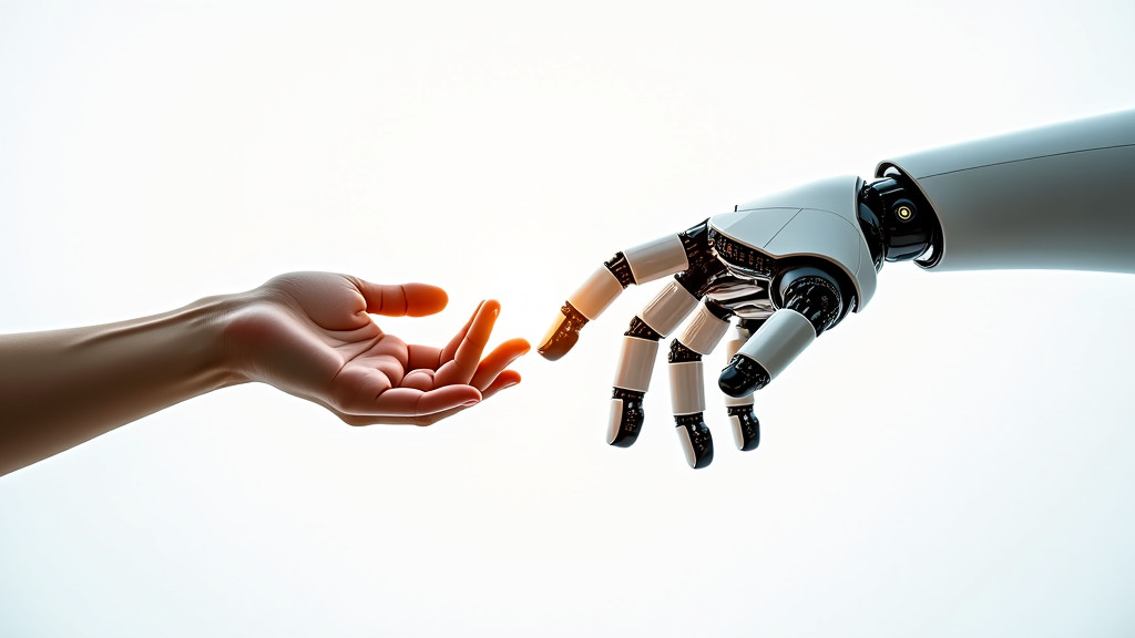 A modern robotic hand and a human hand reaching towards each other against a white background.