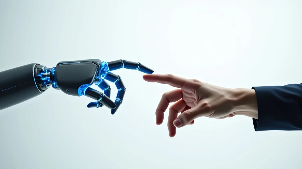 A sleek robotic hand reaching out to touch a human hand against a clean white background, illuminated by soft blue light.