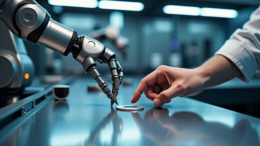 A robotic arm and human hand working together in a modern industrial setting.