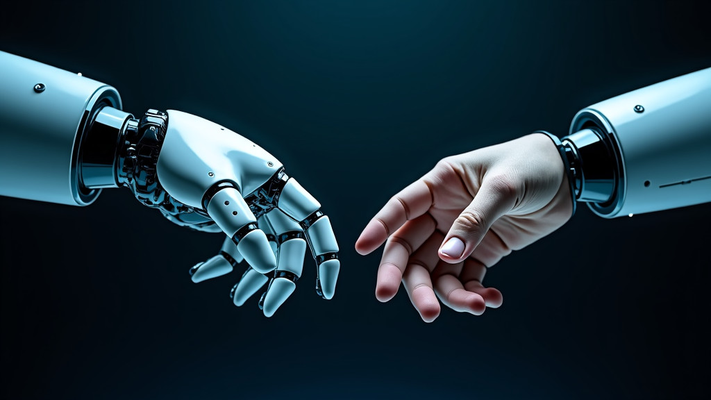 A dramatic scene of two robotic hands and two human hands meeting at a crossroads, illuminated by soft blue-white light.