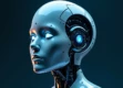 A photorealistic robotic head with blue illumination and intricate circuits.