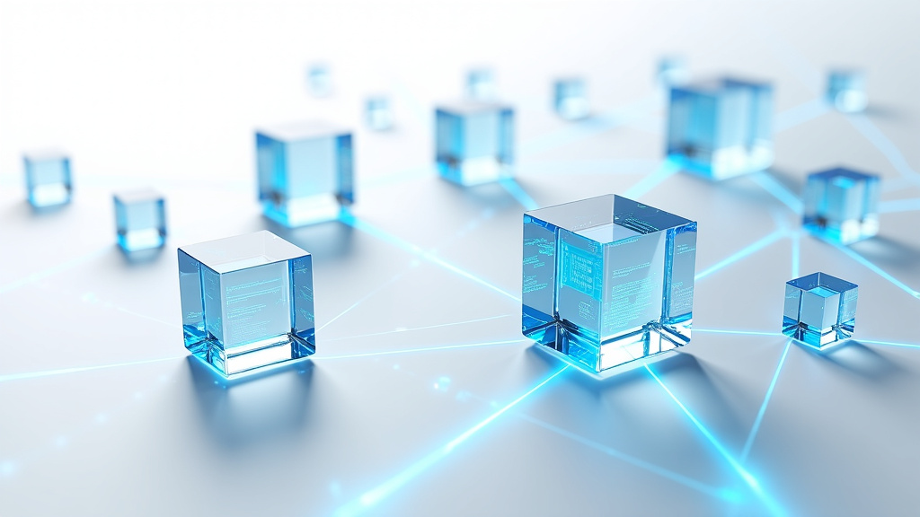 A minimalist depiction of interconnected translucent cubes with glowing blue energy streams representing digital integration and data flow.