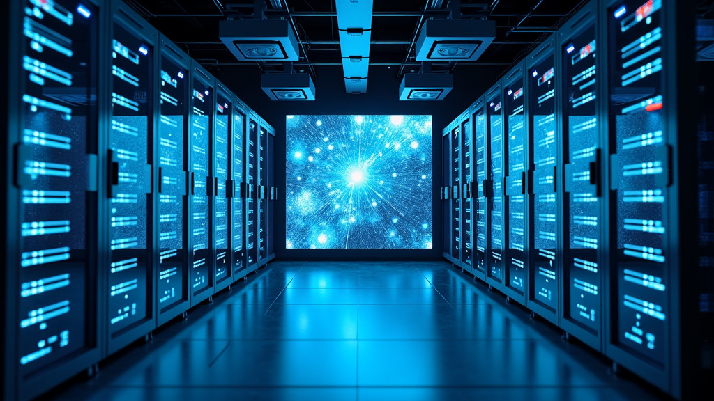 A modern secure server room with blue lighting and security monitors.